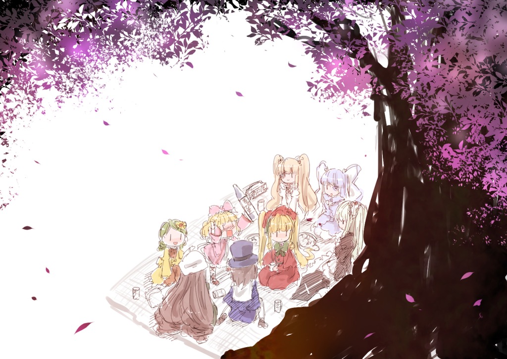 6+girls alice_margatroid animal_ears blonde_hair bow brown_hair cherry_blossoms closed_eyes dress flower hair_ornament hairband hat image long_hair mouse_ears multiple multiple_girls petals short_hair silver_hair smile tagme twintails