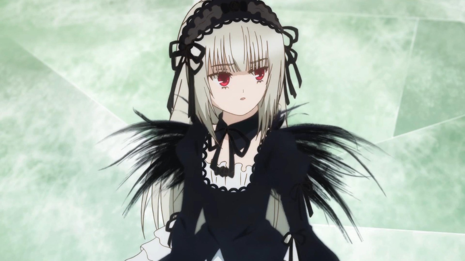 1girl black_dress black_ribbon black_wings detached_collar dress frills hairband image juliet_sleeves long_hair long_sleeves looking_at_viewer puffy_sleeves red_eyes ribbon silver_hair solo suigintou upper_body wings