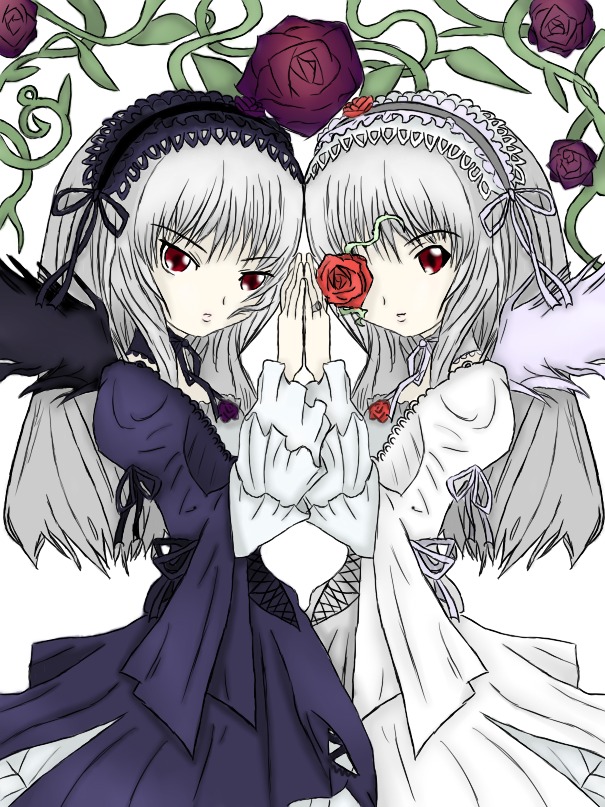 2girls black_wings costume_switch dress feathers flower frills hairband image juliet_sleeves long_hair long_sleeves looking_at_viewer multiple_girls purple_flower purple_rose red_eyes red_flower red_rose rose silver_hair suigintou wings