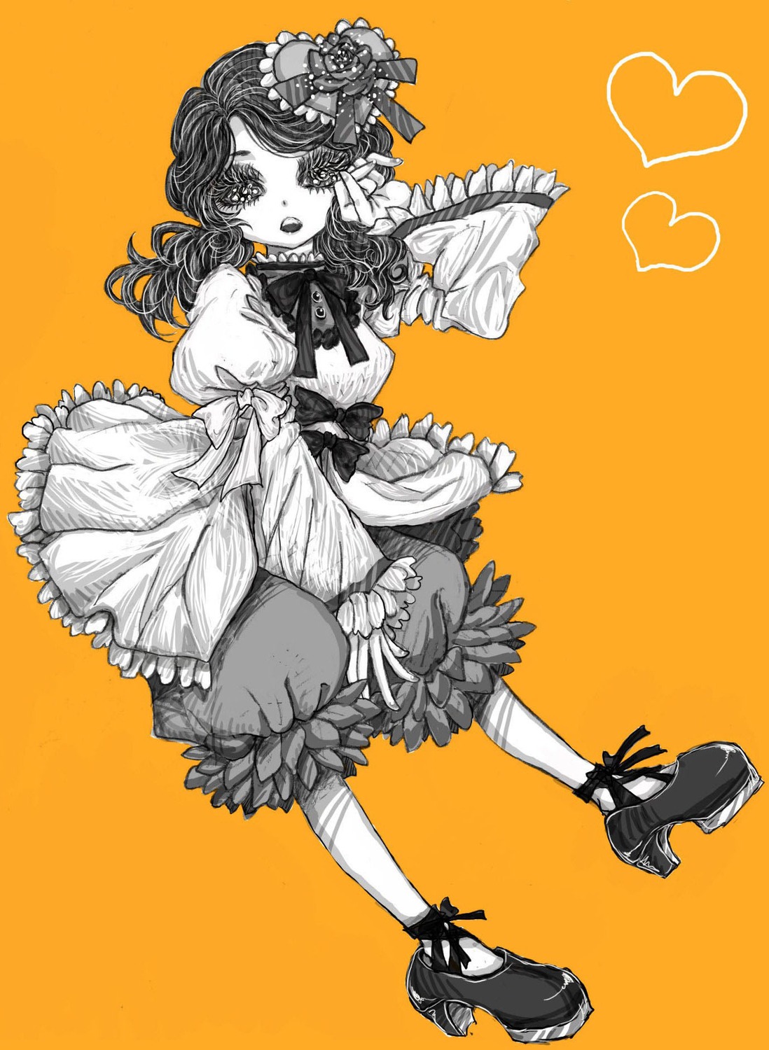 1girl bloomers bow dress frills hair_ornament heart high_heels image kanaria long_sleeves monochrome orange_background shoes simple_background solo spot_color
