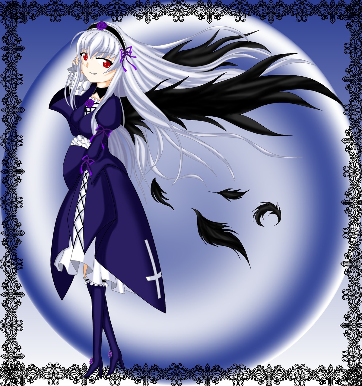 1girl black_wings boots dress feathers frills full_body hairband high_heels image juliet_sleeves long_hair long_sleeves looking_at_viewer puffy_sleeves red_eyes silver_hair smile solo suigintou text_focus wings