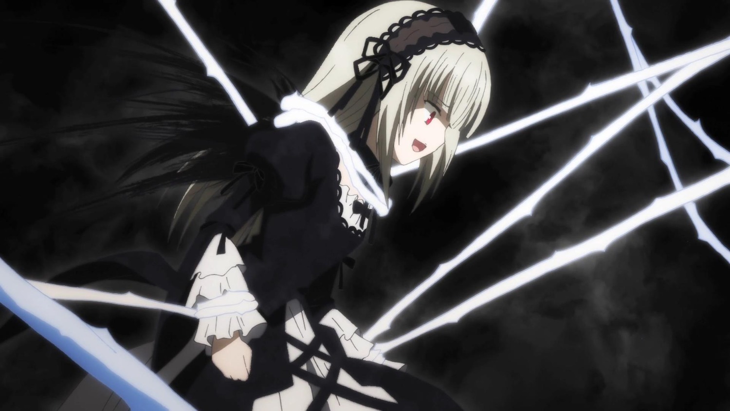 1girl auto_tagged black_dress dress frills hairband holding holding_weapon image long_hair long_sleeves open_mouth profile puffy_sleeves red_eyes ribbon solo suigintou sword weapon wings