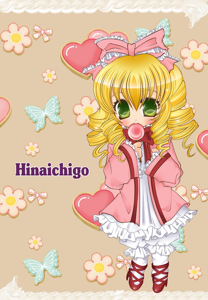 1girl blonde_hair bloomers blue_butterfly bow bug butterfly character_name dress drill_hair flower food frills green_eyes hina_ichigo hinaichigo image insect pantyhose pink_bow shoes solo white_legwear