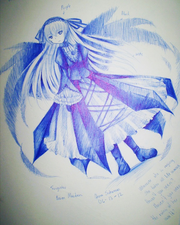 1girl boots dated dress frilled_sleeves frills full_body hairband image long_hair long_sleeves looking_at_viewer monochrome solo standing suigintou traditional_media very_long_hair wings