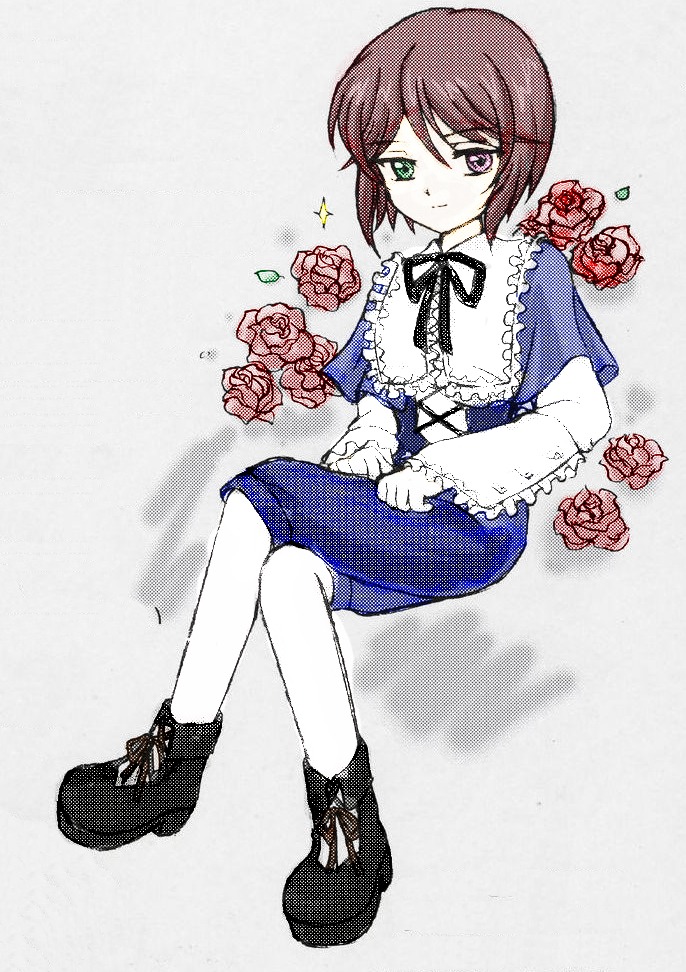 1boy boots crossed_legs flower green_eyes heterochromia image red_flower red_rose rose sitting solo souseiseki