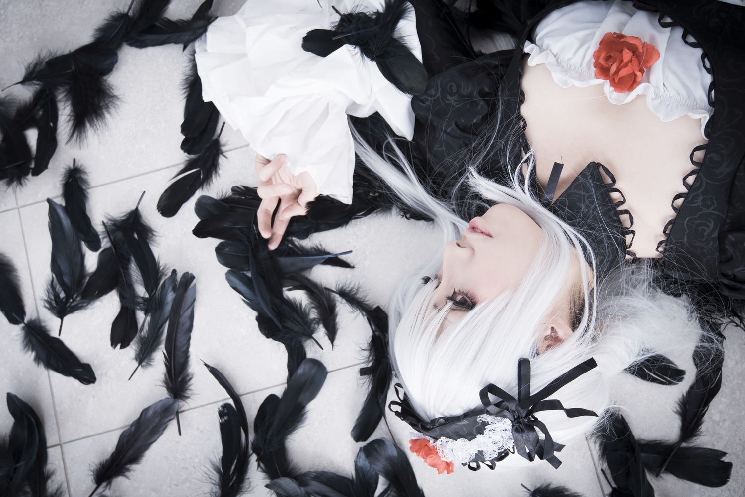 1girl bird black_feathers crow feathers flower gothic_lolita hairband lace lips lolita_fashion long_hair rose solo suigintou upper_body white_hair