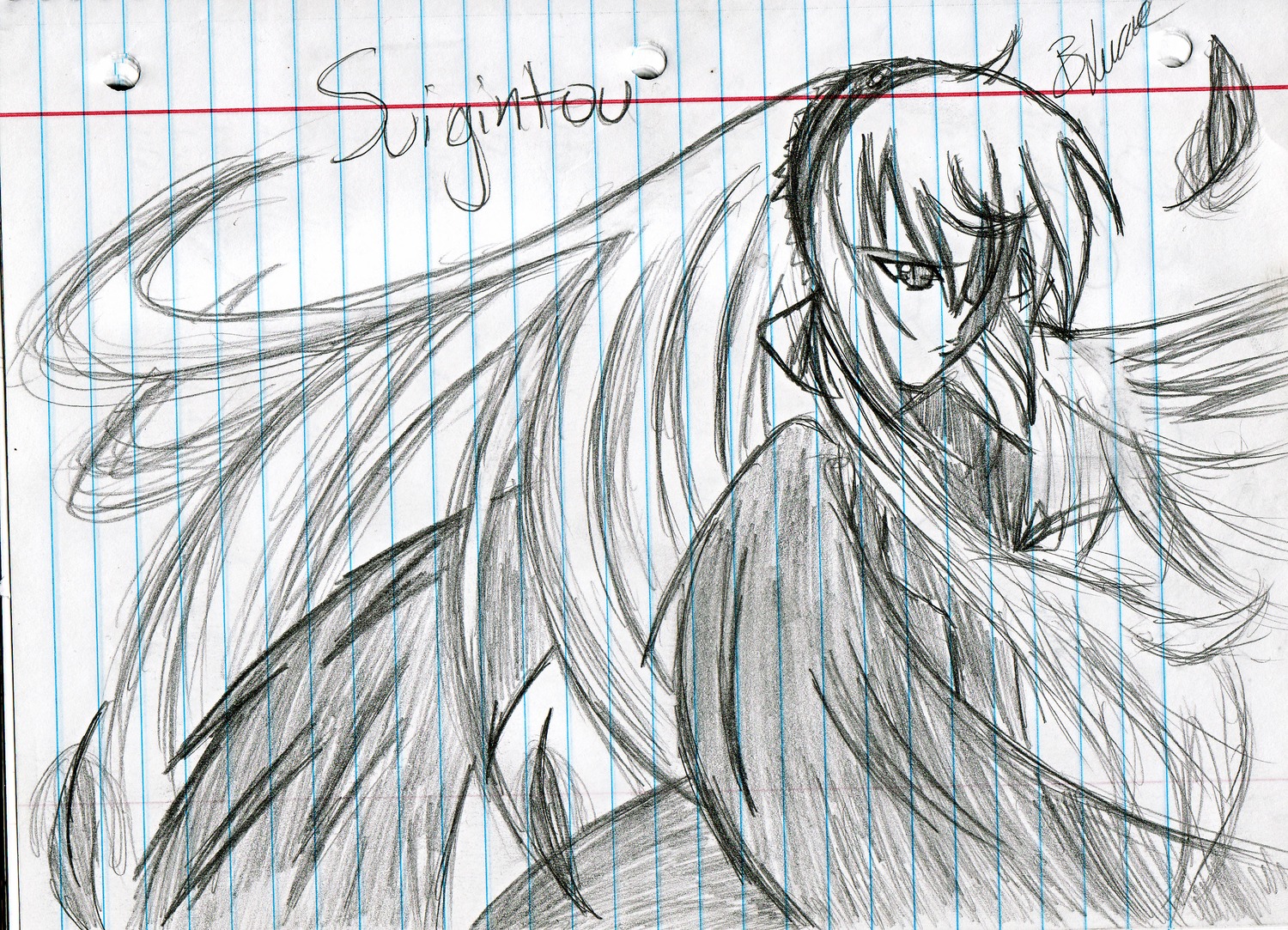 1girl akemi_homura feathered_wings feathers image long_hair looking_at_viewer monochrome solo suigintou traditional_media wings