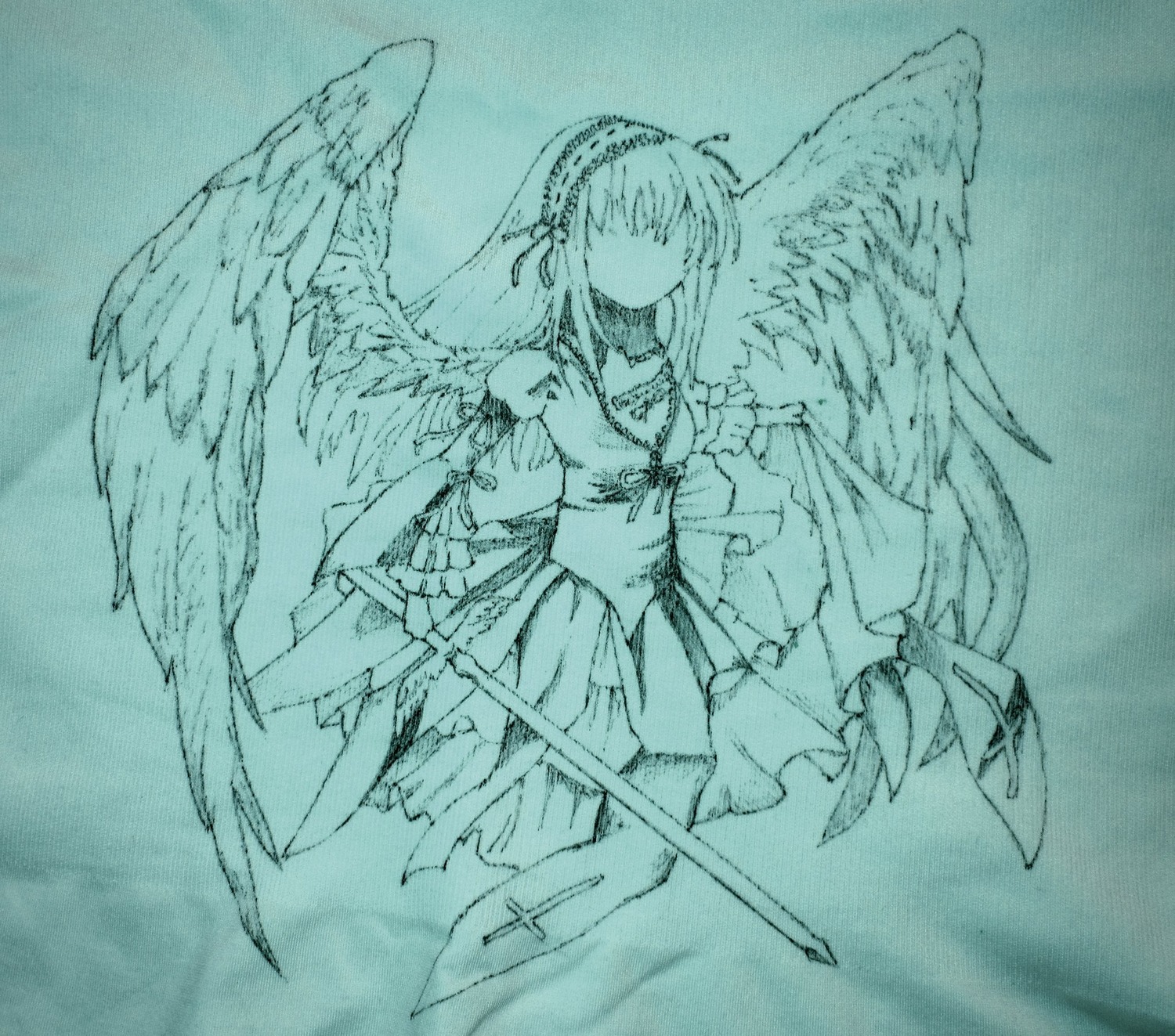 1girl angel_wings blue_theme dress feathered_wings holding image long_hair monochrome solo suigintou traditional_media weapon wide_sleeves wings