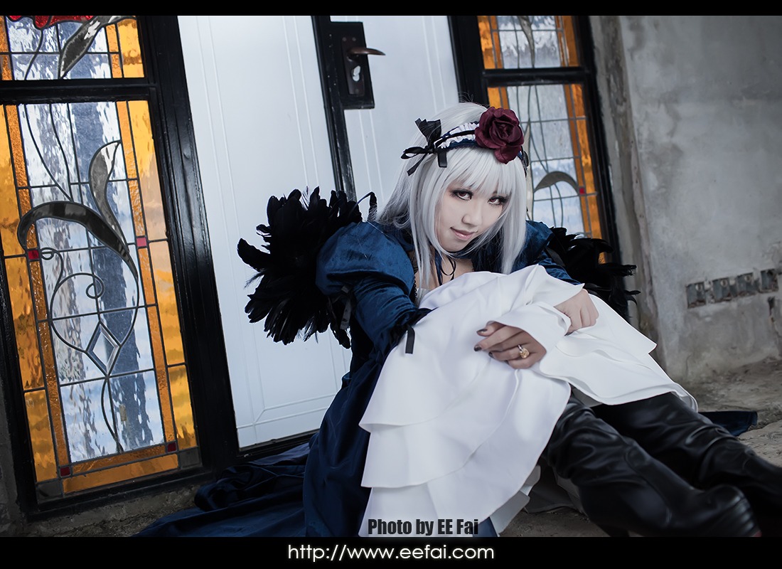 1girl black_border cat feathers flower hairband indoors letterboxed long_hair rose silver_hair solo suigintou window