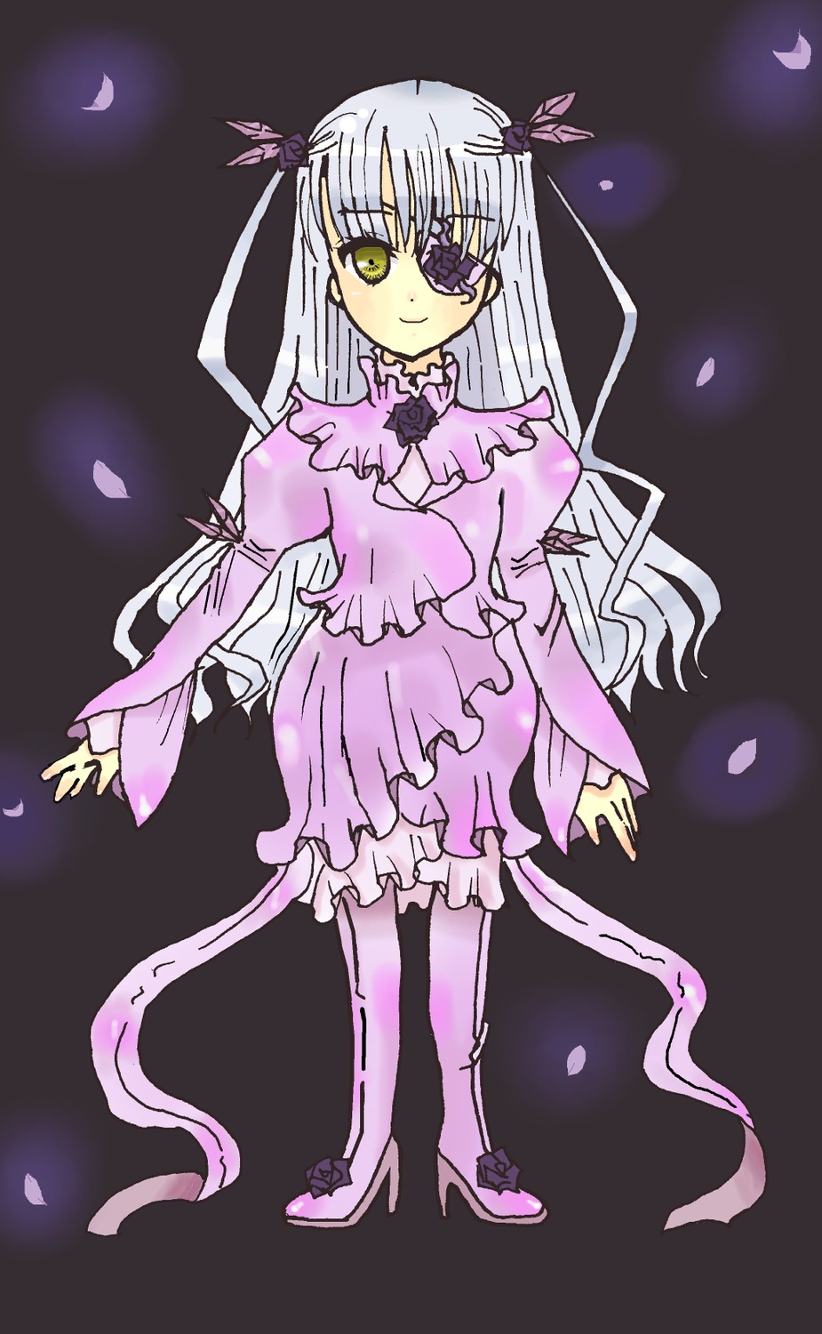 1girl barasuishou cherry_blossoms dress frills full_body image long_hair long_sleeves moon petals ribbon silver_hair smile solo standing very_long_hair yellow_eyes