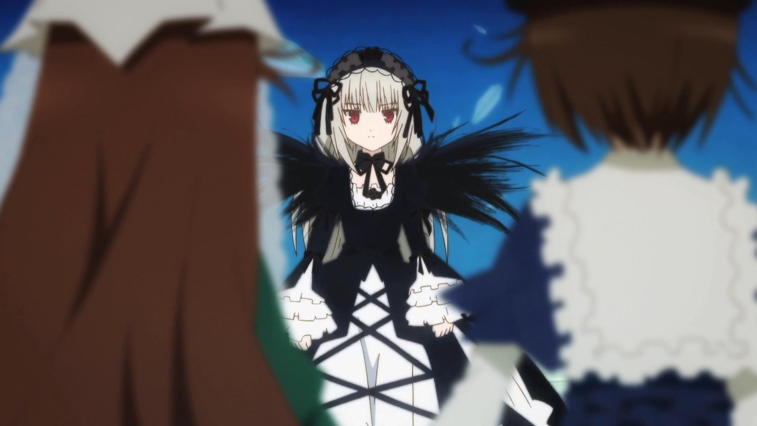 1boy 2girls bangs black_dress black_wings blurry blurry_background blurry_foreground brown_hair depth_of_field dress frills gothic_lolita hairband image lolita_fashion lolita_hairband long_hair long_sleeves motion_blur multiple multiple_girls red_eyes silver_hair solo_focus suigintou tagme wide_sleeves wings