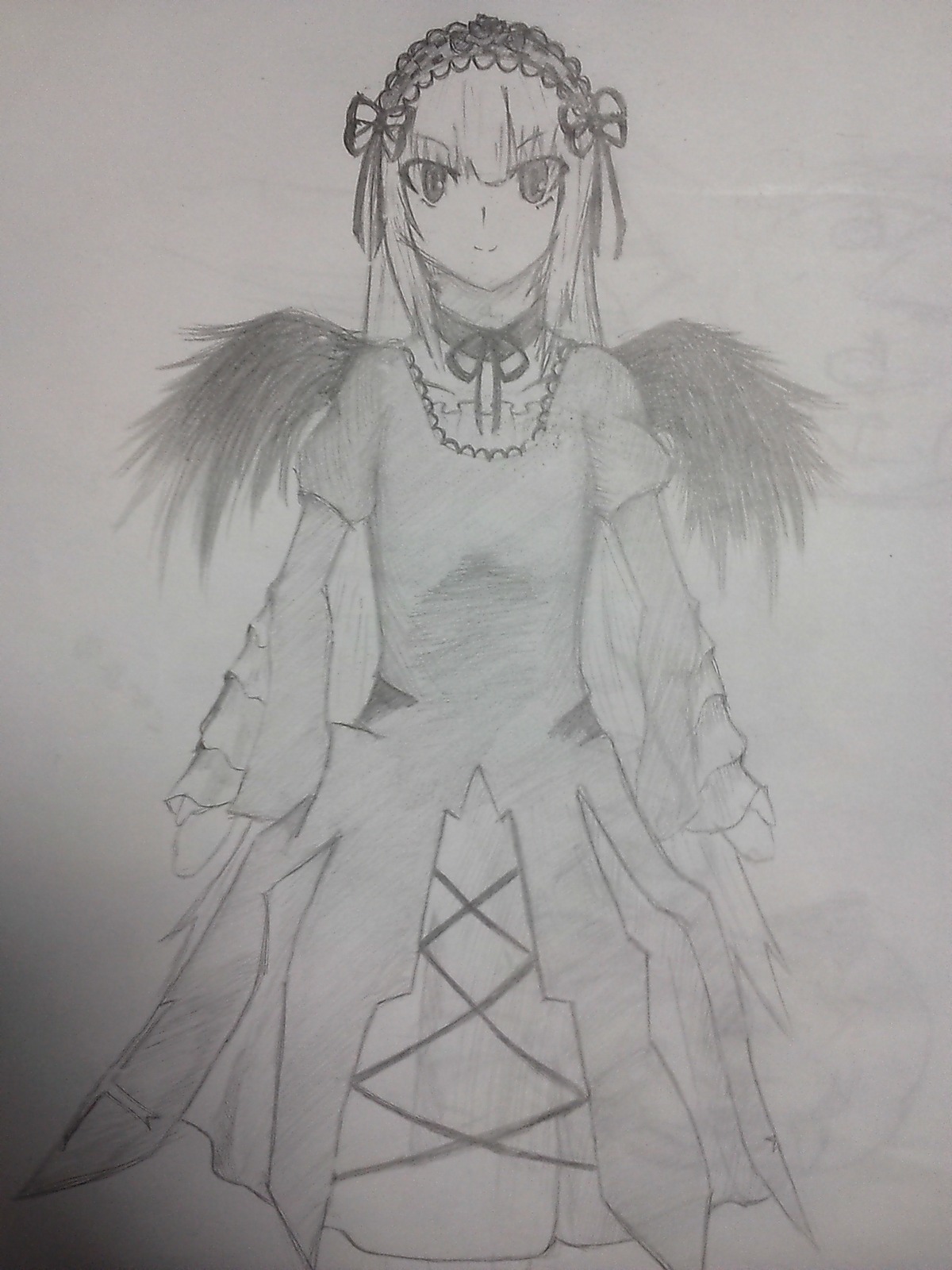 1girl closed_mouth dress feathered_wings feathers greyscale hairband image long_hair long_sleeves looking_at_viewer monochrome ribbon rose smile solo standing suigintou traditional_media wide_sleeves wings