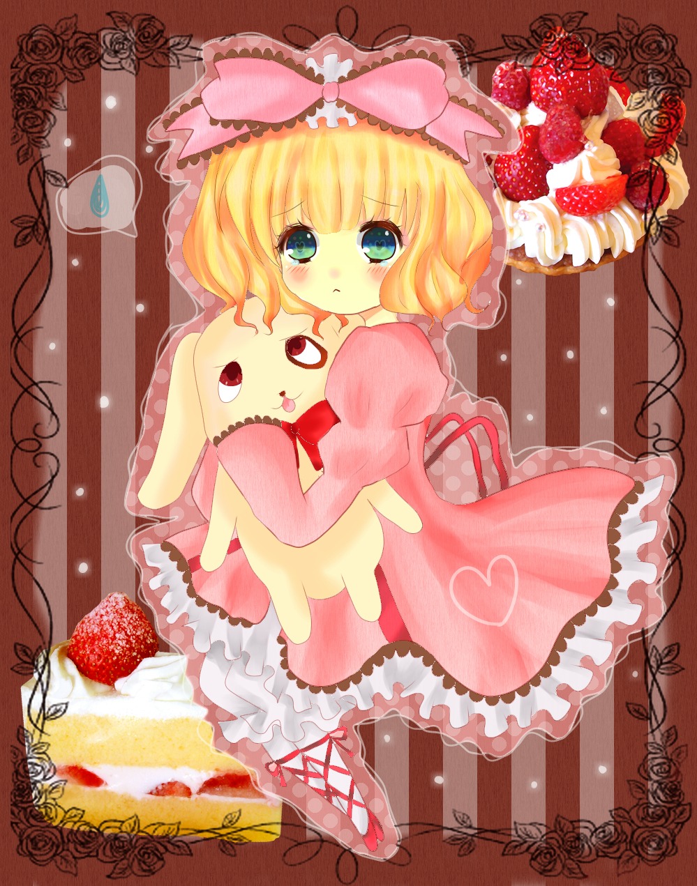 1girl blonde_hair blue_eyes blush bow cake dress flower food fruit heart hinaichigo image pantyhose pink_bow pink_rose rose short_hair solo strawberry stuffed_animal