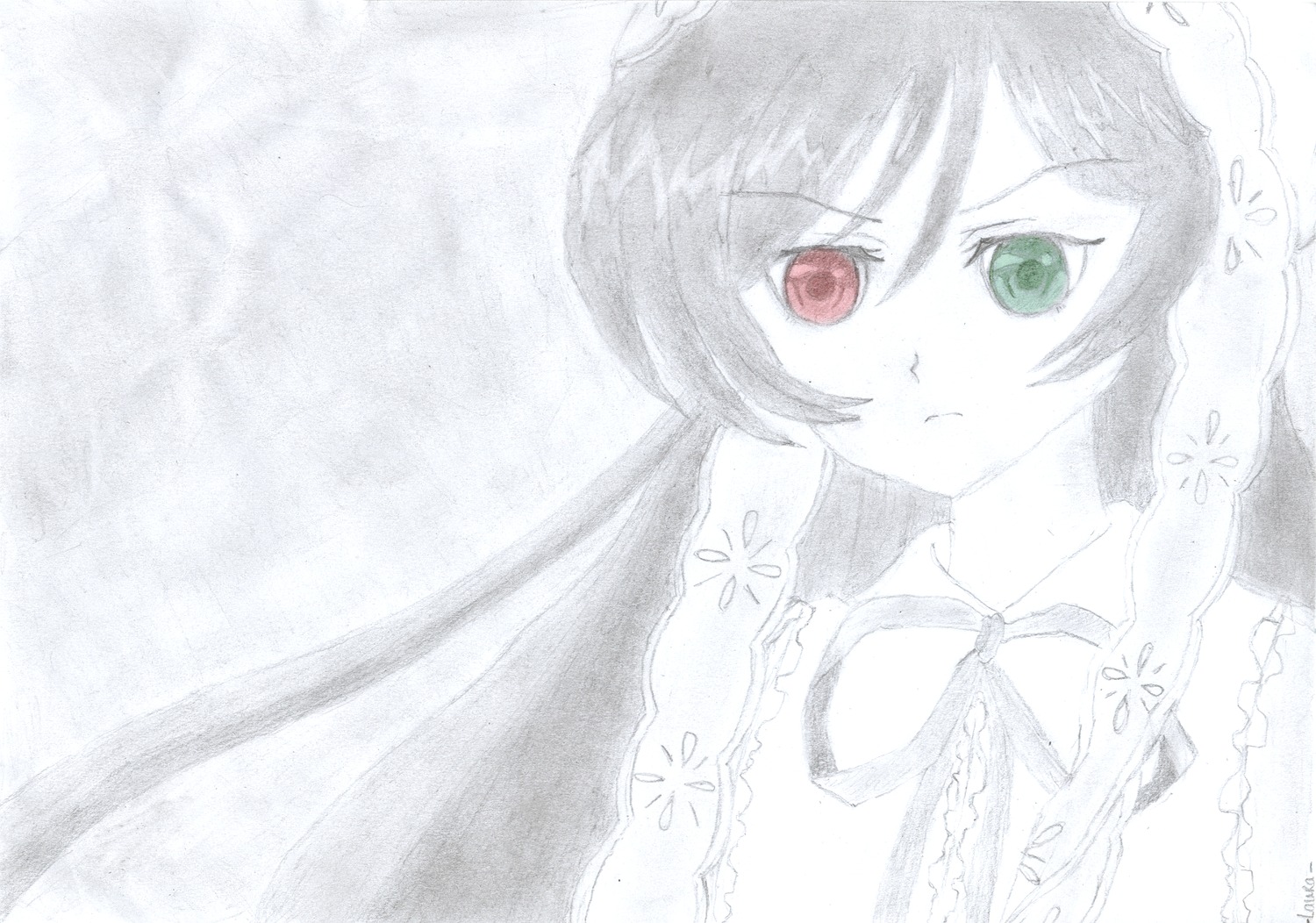 1girl :< blush dress frills green_eyes heterochromia image long_hair looking_at_viewer monochrome red_eyes ribbon solo spot_color suiseiseki twintails