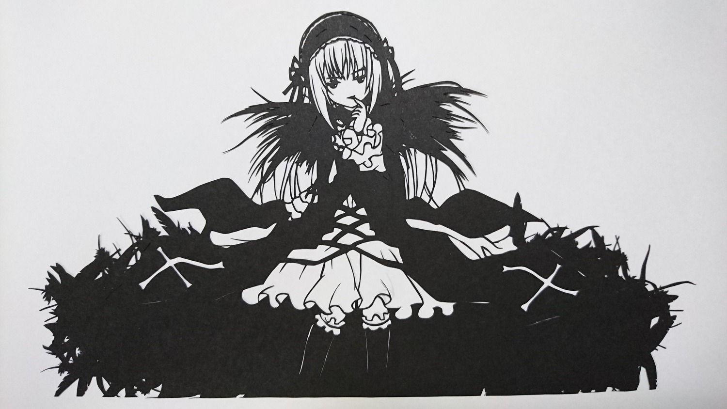 1girl black_wings dress flower greyscale image long_hair long_sleeves monochrome rose solo suigintou wings