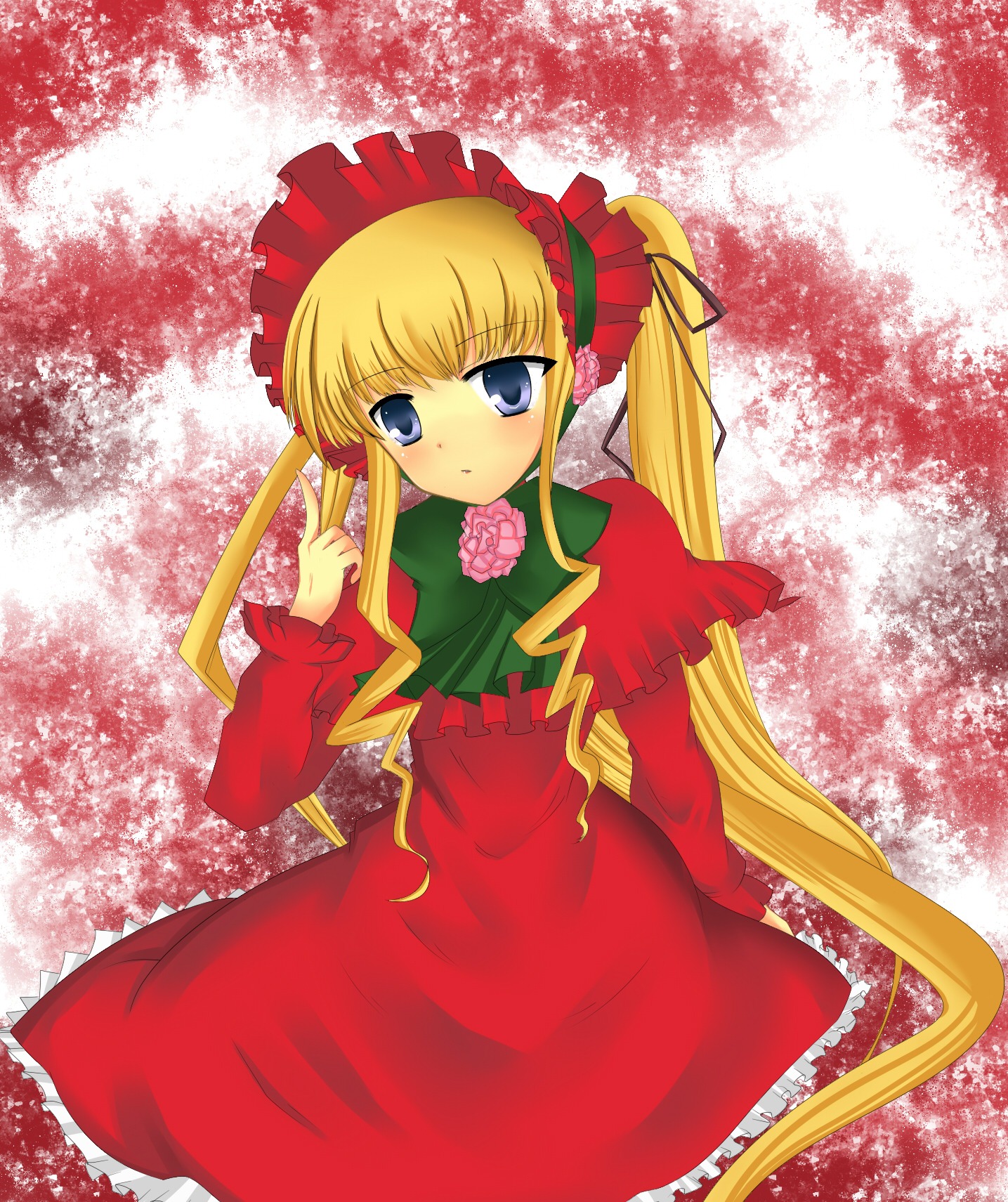 1girl blonde_hair blue_eyes bonnet bow bowtie dress frills green_bow green_neckwear image long_hair long_sleeves looking_at_viewer red_dress shinku sidelocks solo standing twintails very_long_hair