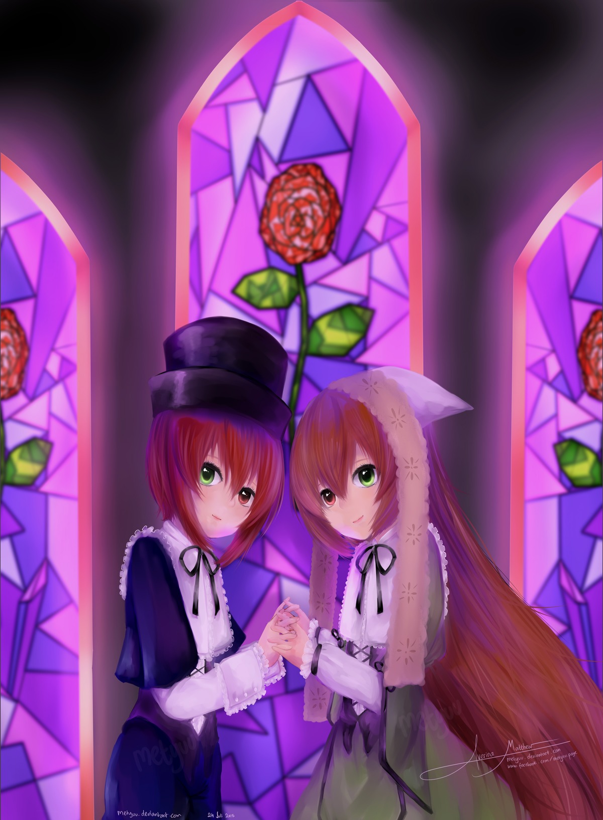 2girls brown_hair dress green_eyes hat heterochromia holding_hands image interlocked_fingers long_hair long_sleeves multiple_girls pair red_eyes short_hair siblings sisters smile souseiseki stained_glass suiseiseki twins very_long_hair