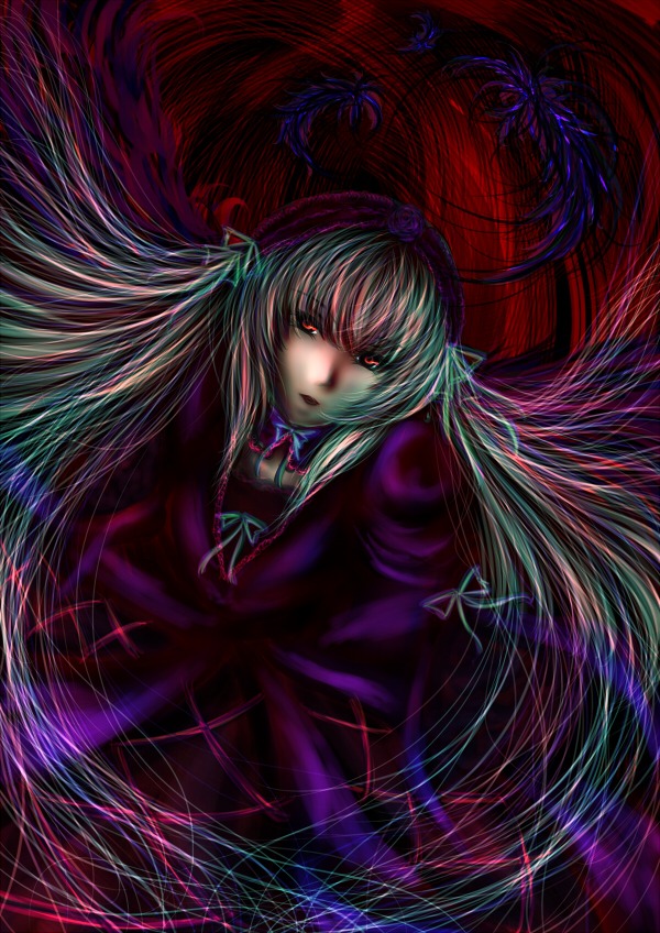 1girl dress frills image long_hair long_sleeves looking_at_viewer red_eyes red_theme solo suigintou very_long_hair