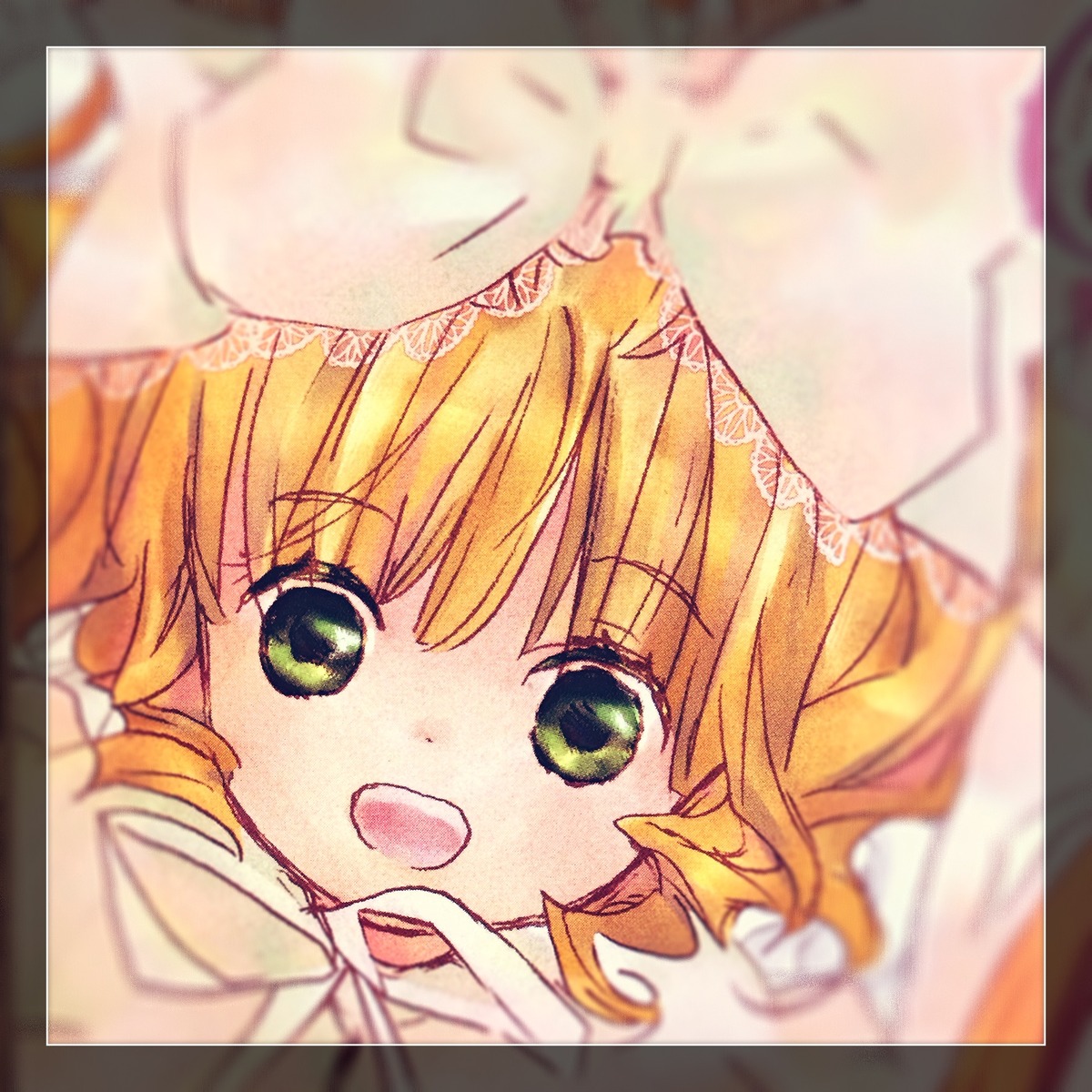 1girl bangs black_border blonde_hair blurry blurry_background blurry_foreground close-up depth_of_field eyebrows_visible_through_hair green_eyes hinaichigo image kinomoto_sakura letterboxed looking_at_viewer motion_blur open_mouth photo photo_(object) pov reflection short_hair smile solo