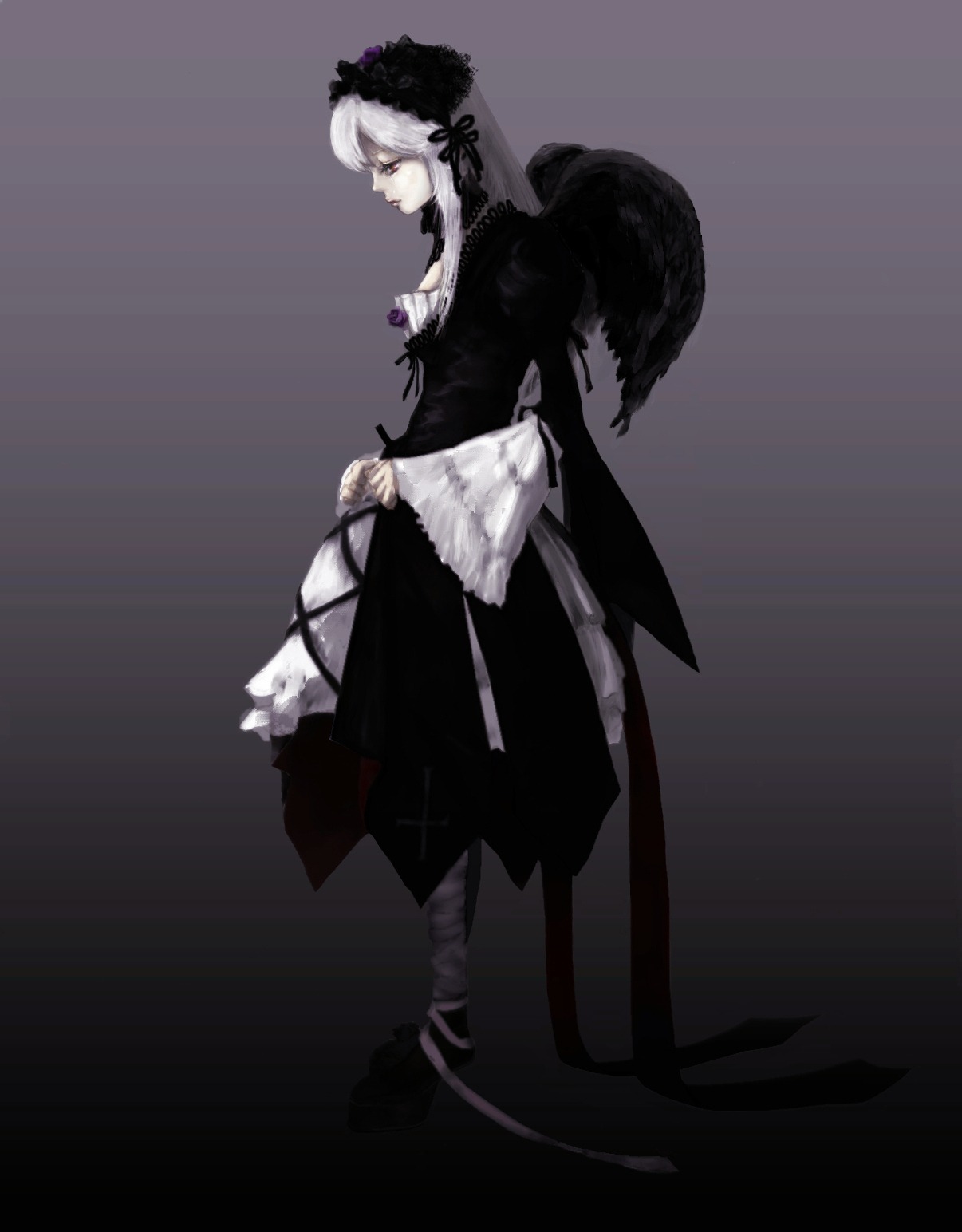 1girl black_dress dress frills full_body hairband image long_hair long_sleeves red_eyes silver_hair solo standing suigintou wings