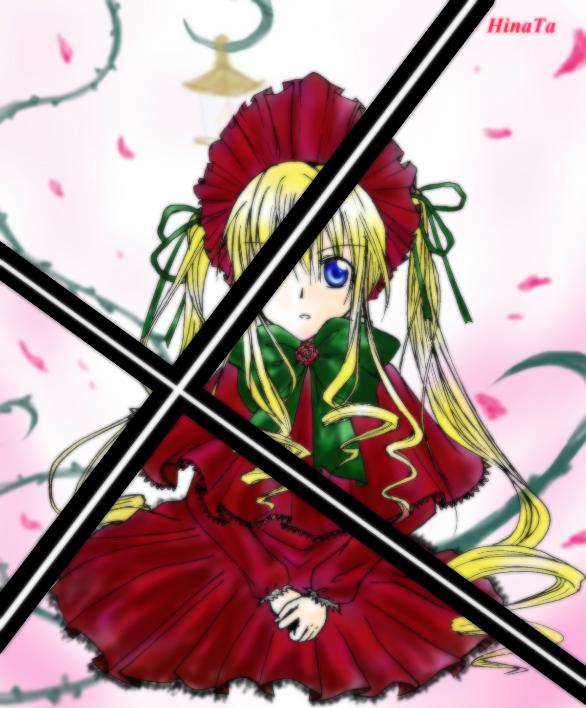 1girl blonde_hair blue_eyes blurry blurry_foreground bow bowtie depth_of_field dress flower green_bow green_neckwear image long_hair long_sleeves looking_at_viewer motion_blur petals red_dress shinku sidelocks solo twintails