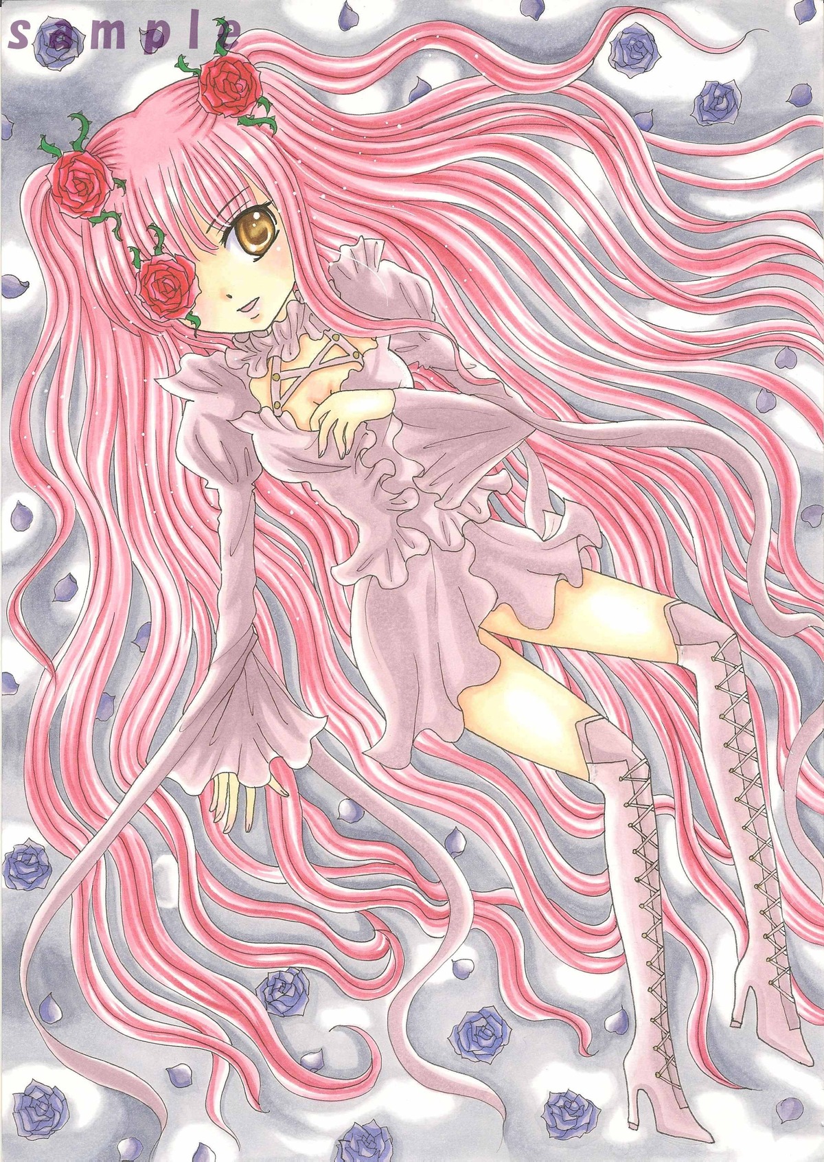 1girl blue_flower blue_rose boots flower hair_flower hair_ornament image kirakishou long_hair marker_(medium) petals pink_flower pink_hair pink_rose purple_rose red_flower red_rose rose rose_petals solo thigh_boots thighhighs thorns traditional_media very_long_hair vines white_rose yellow_eyes yellow_rose