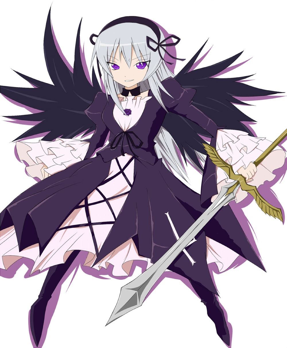 1girl auto_tagged black_wings boots choker dress frills grin hair_ribbon hairband image long_hair long_sleeves purple_eyes ribbon silver_hair smile solo suigintou weapon wings