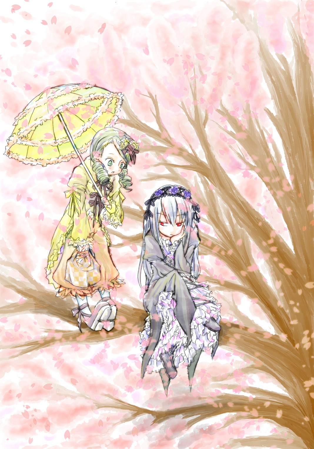 2girls cherry_blossoms flower frills green_eyes green_hair hair_flower hair_ornament hairband holding holding_umbrella image japanese_clothes kanaria kimono lolita_fashion long_hair long_sleeves multiple_girls pair parasol petals pink_hair red_eyes shared_umbrella short_hair sitting smile suigintou tree umbrella