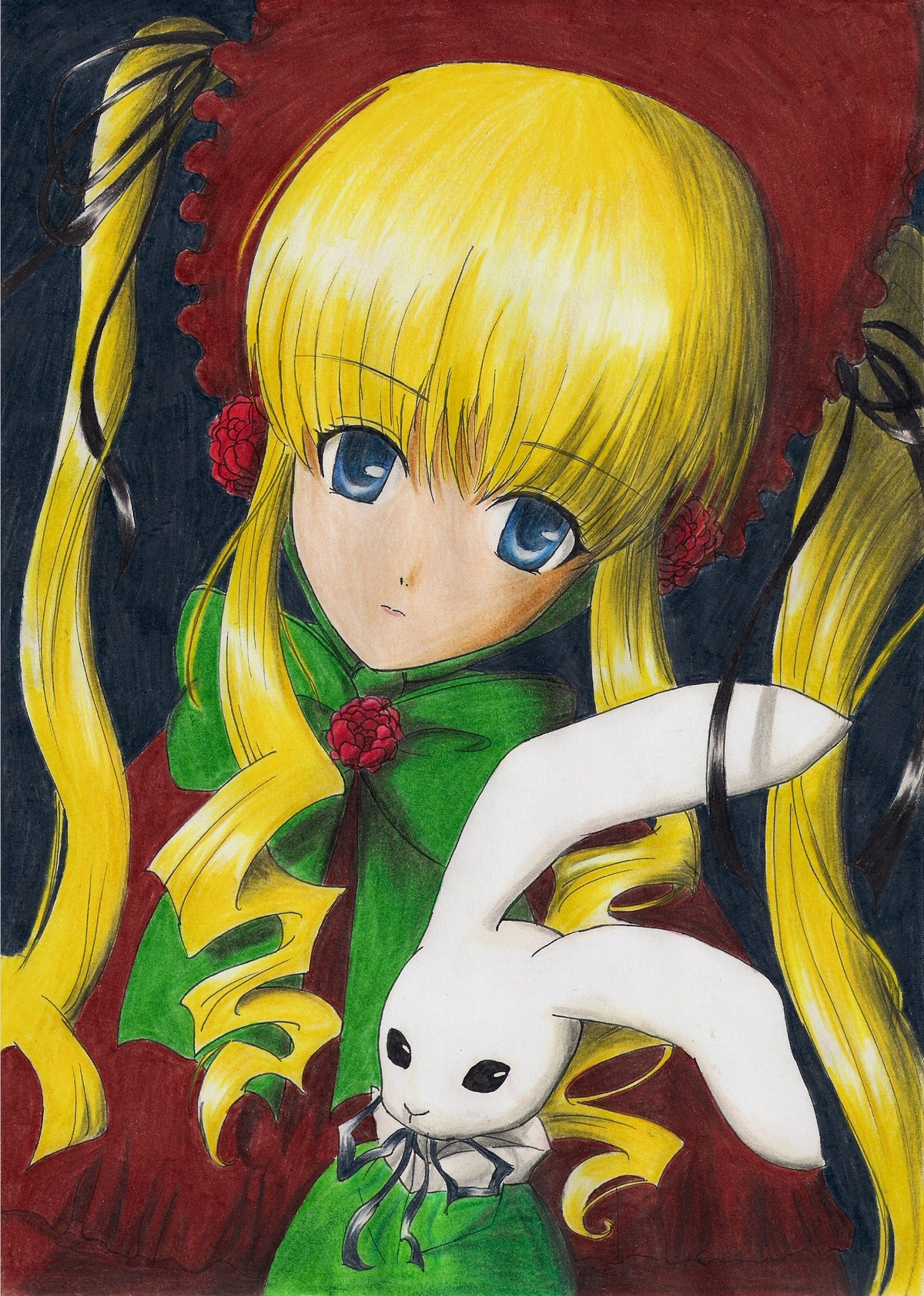 1girl bangs blonde_hair blue_eyes bonnet bow bowtie dress drill_hair flower green_bow image long_hair long_sleeves looking_at_viewer marker_(medium) pink_rose red_dress red_flower red_rose rose shinku sidelocks simple_background solo stuffed_animal traditional_media twin_drills twintails upper_body