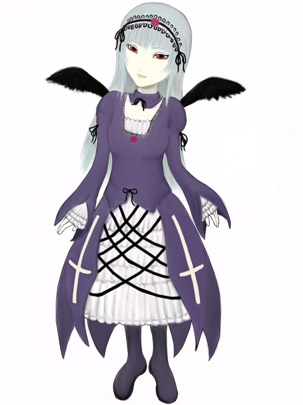 1girl bangs black_wings dress feathered_wings feathers frills full_body hairband image long_hair long_sleeves looking_at_viewer red_eyes simple_background solo standing suigintou white_background wings