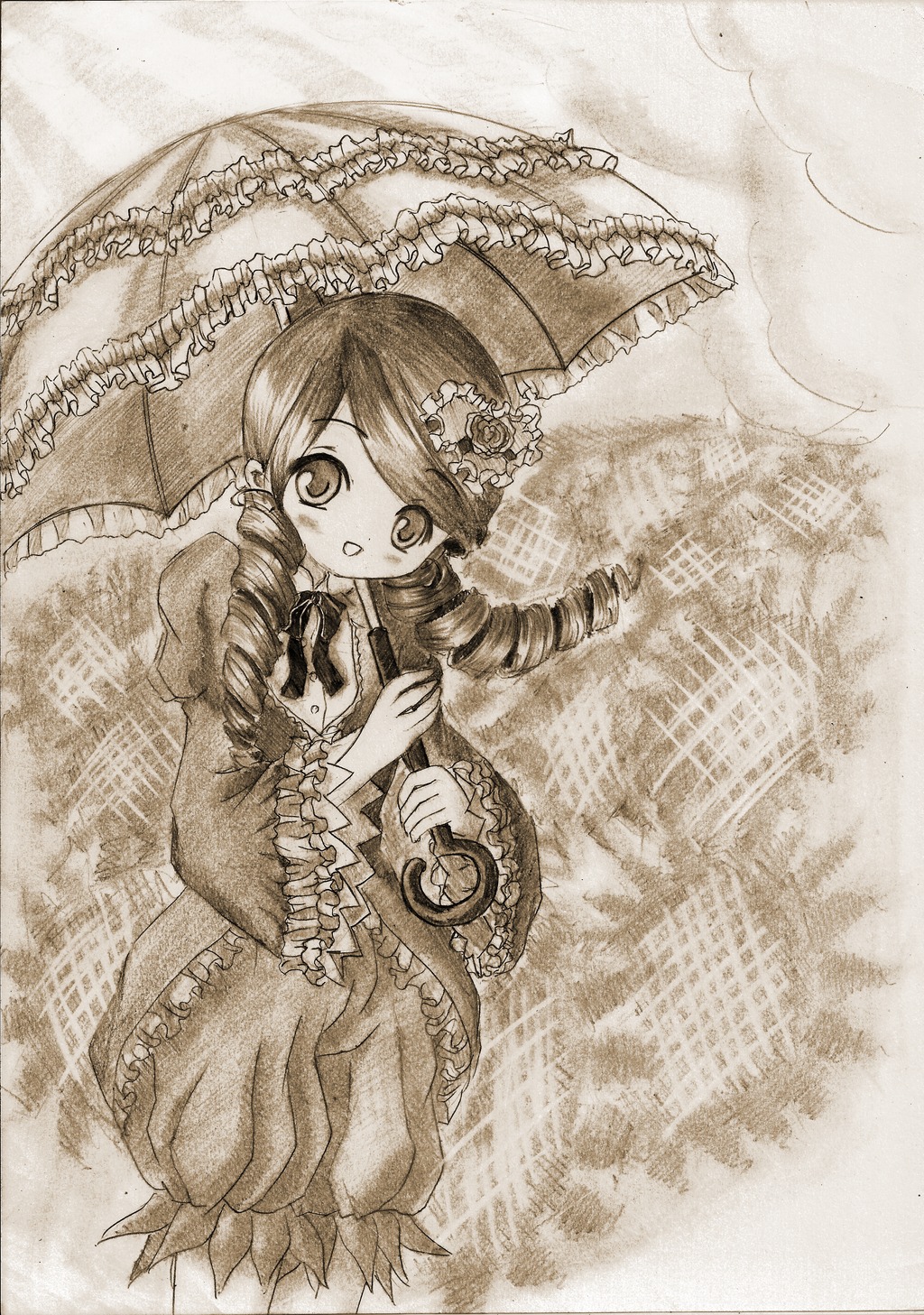 1girl blush dress drill_hair flower frills holding_umbrella image kanaria long_hair long_sleeves looking_at_viewer monochrome open_mouth parasol smile solo traditional_media twin_drills twintails umbrella