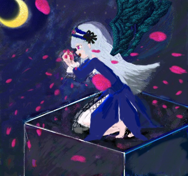 1girl crescent_moon dress flower hat image moon night petals sky solo suigintou sword weapon wings