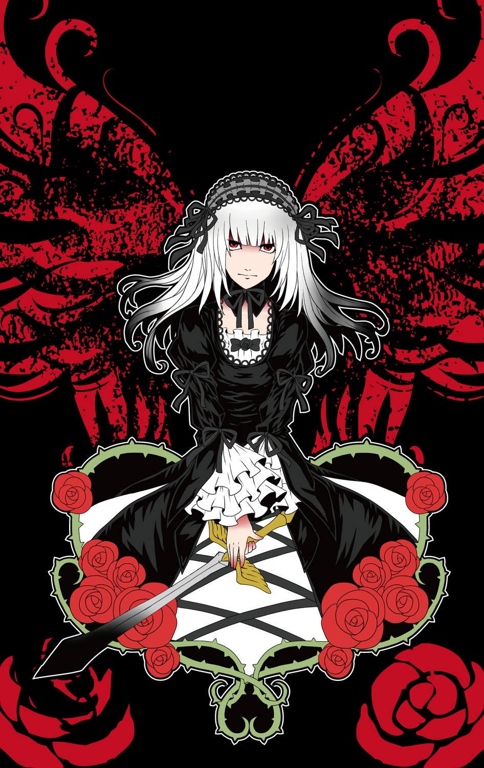 1girl black_dress dress flower frills gothic_lolita hairband image lolita_fashion lolita_hairband long_hair long_sleeves looking_at_viewer red_eyes red_flower red_rose rose silver_hair solo suigintou thorns wings