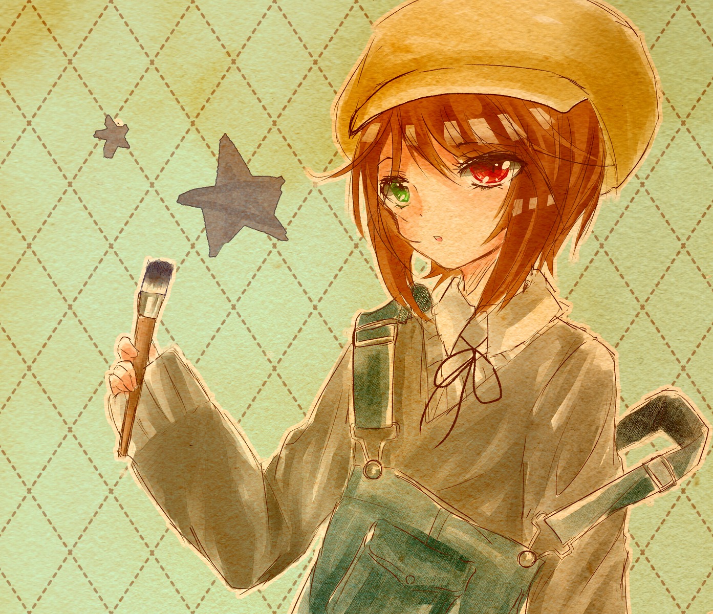 1girl brown_hair checkered_background green_eyes hat heterochromia holding honeycomb_(pattern) honeycomb_background image long_sleeves neck_ribbon red_eyes short_hair solo souseiseki star_(symbol) upper_body