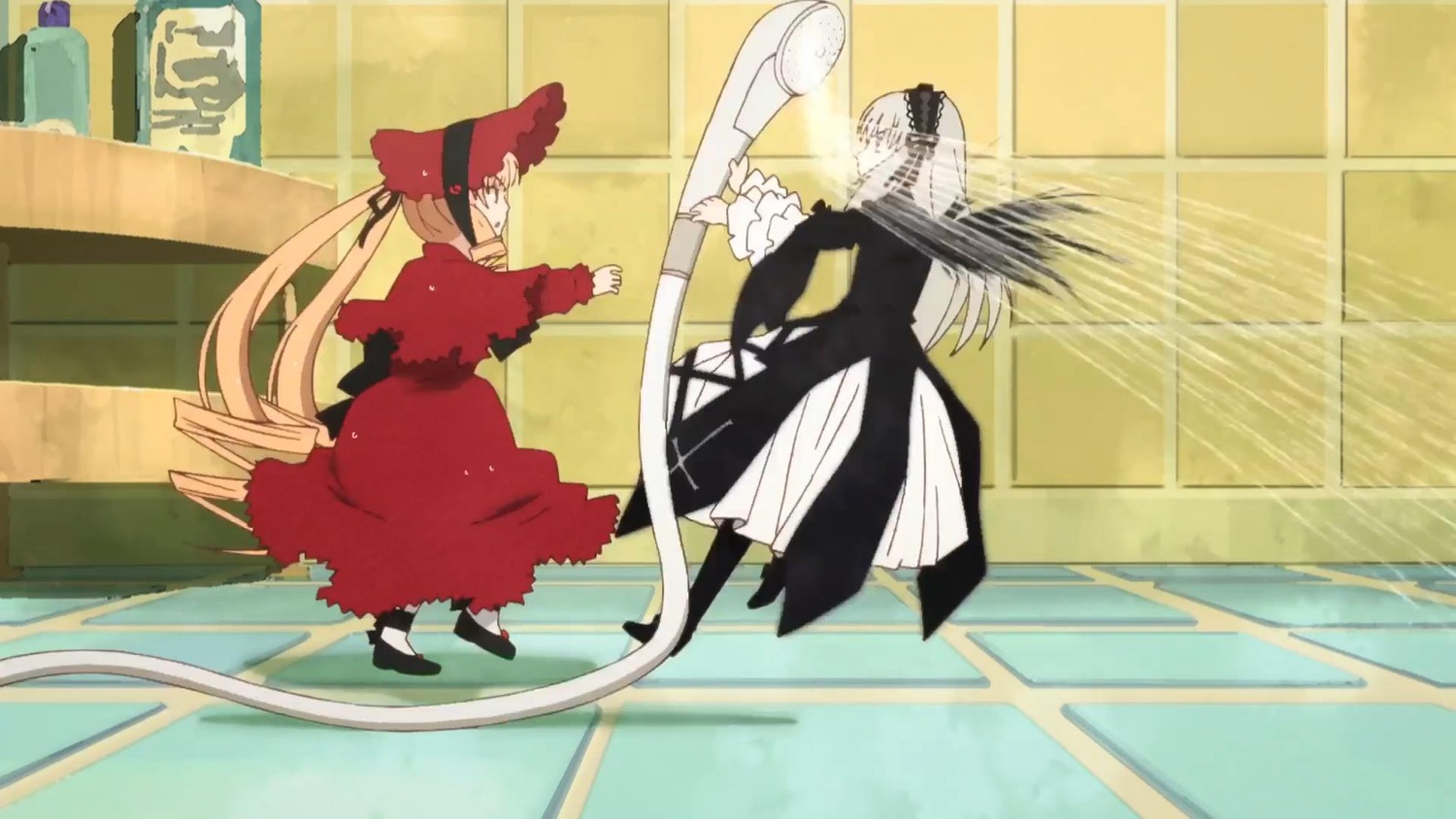 1girl auto_tagged blonde_hair bonnet dress frills hat image long_hair long_sleeves pair possible_duplicate red_dress shinku standing suigintou twintails very_long_hair