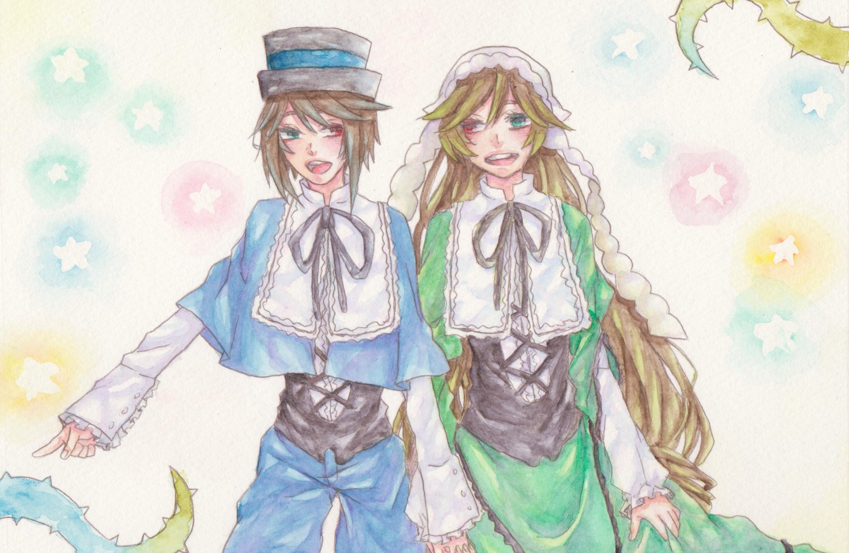 2girls blonde_hair brown_hair capelet dress green_eyes hat image long_hair multiple_girls open_mouth pair short_hair siblings sisters smile souseiseki star_(symbol) suiseiseki twins very_long_hair watercolor_(medium)