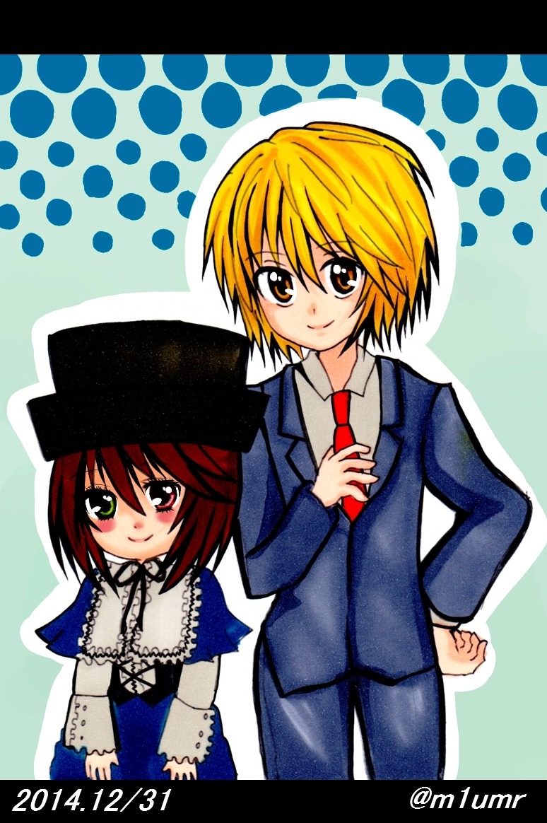 1boy 1girl blonde_hair dress formal hat image letterboxed long_sleeves looking_at_viewer necktie pants polka_dot polka_dot_background short_hair smile solo souseiseki