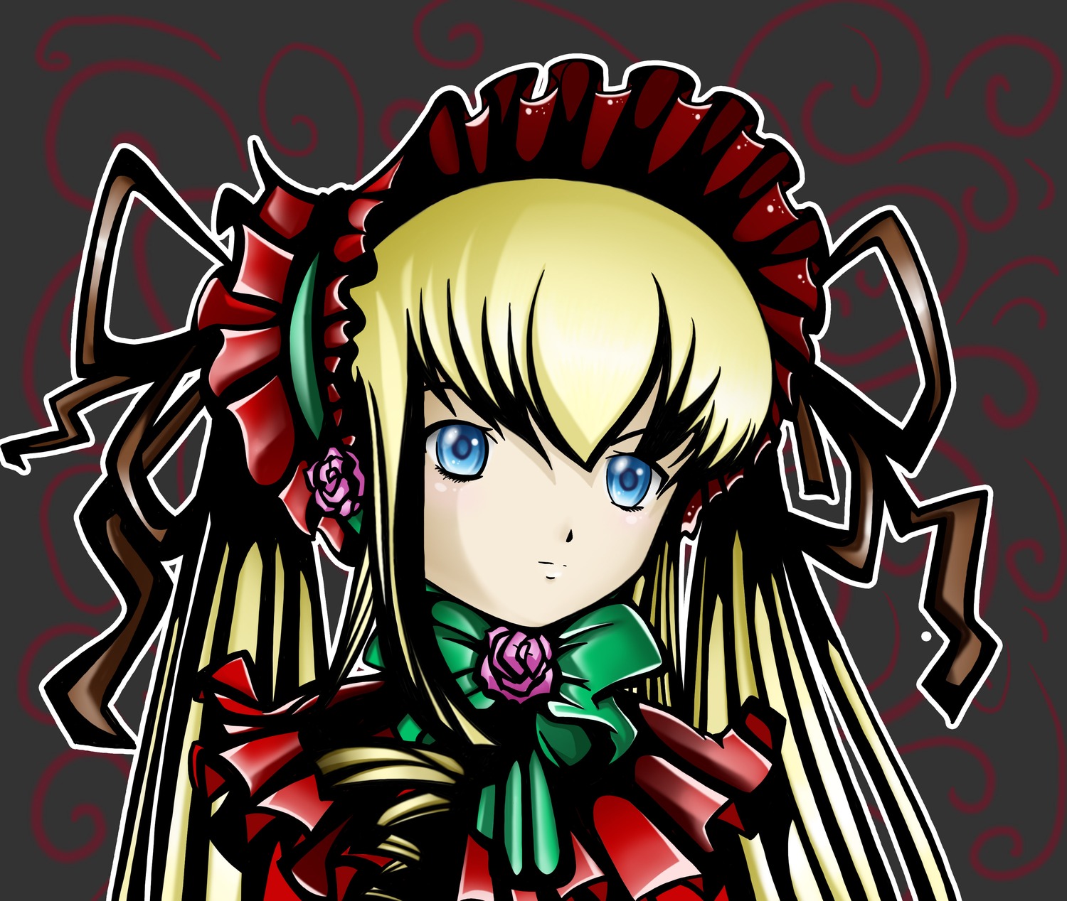 1girl blonde_hair blue_eyes bonnet bow bowtie flower frills image long_hair looking_at_viewer pink_flower pink_rose rose shinku sidelocks solo twintails