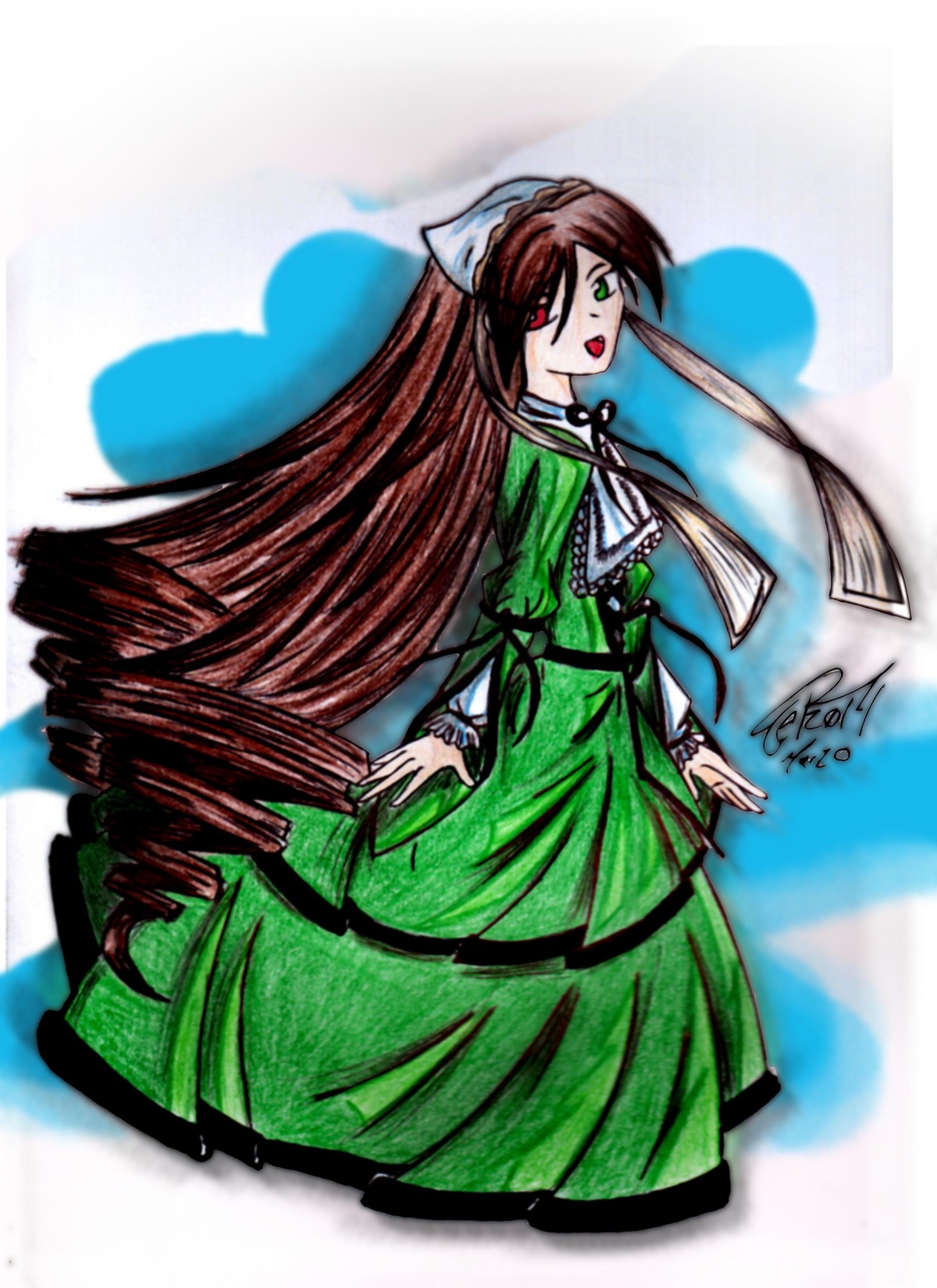 1girl brown_hair dress drill_hair frills full_body green_dress green_eyes head_scarf heterochromia image long_hair long_sleeves looking_at_viewer red_eyes solo standing suiseiseki twin_drills very_long_hair