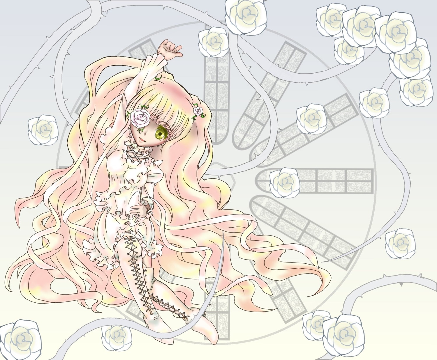 1girl blonde_hair doll_joints dress eyepatch flower frills green_eyes image kirakishou long_hair rose solo thorns very_long_hair vines white_flower white_rose yellow_rose