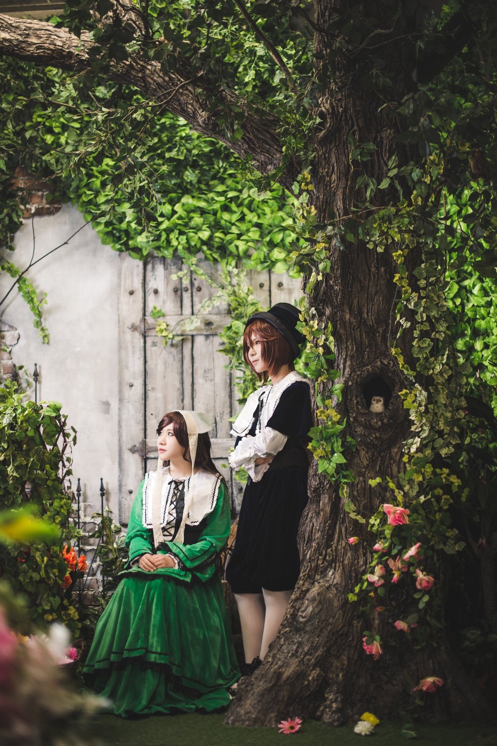 2girls black_hair black_skirt brown_hair dress flower hat holding long_sleeves multiple_cosplay multiple_girls outdoors plant shirt sitting skirt standing tagme water white_shirt