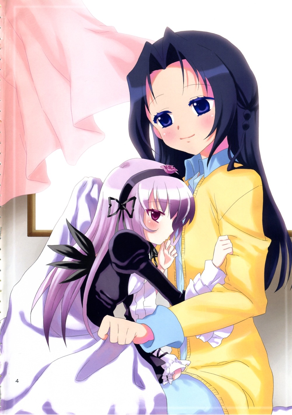 2girls apron blue_eyes blue_hair blush doujinshi doujinshi_#96 dress image long_hair long_sleeves multiple multiple_girls purple_eyes smile