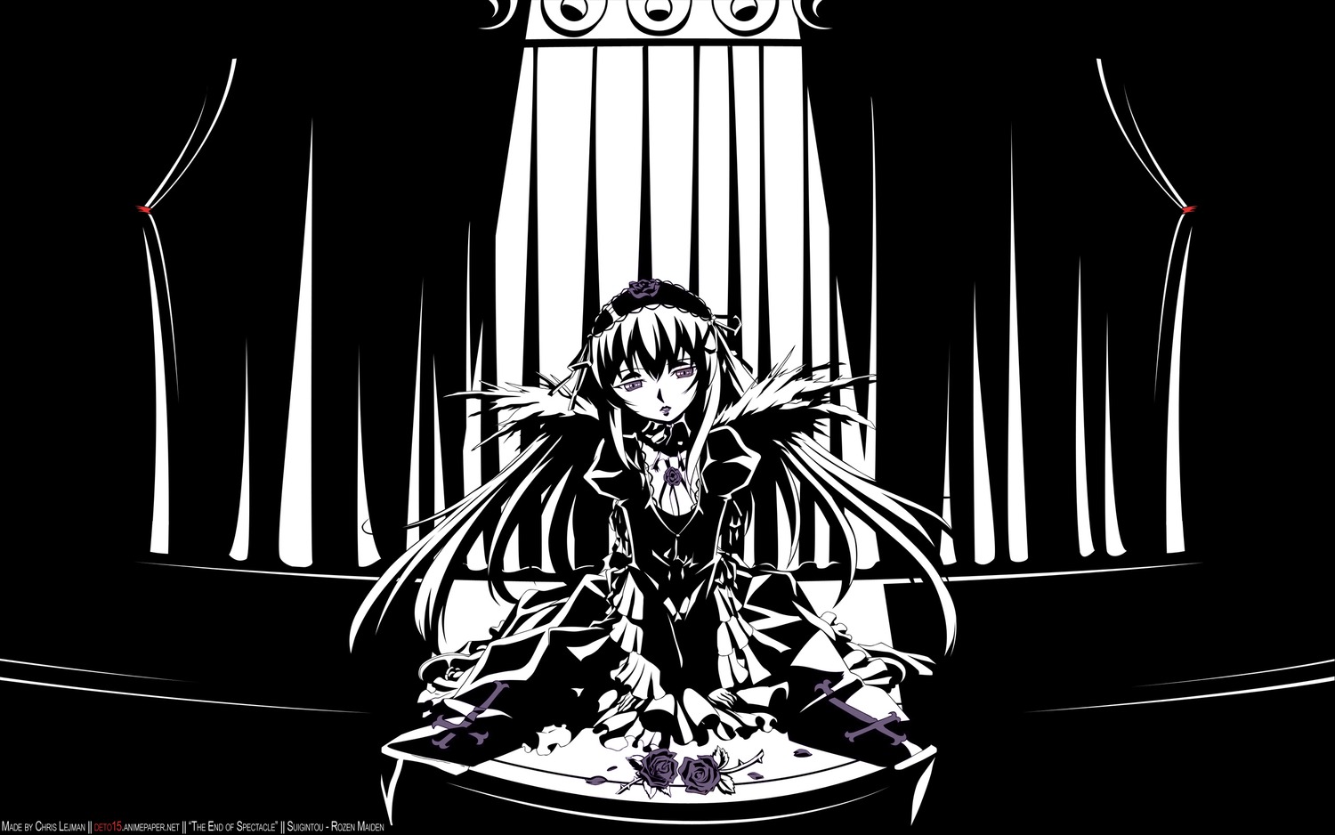 1girl dress flower greyscale hairband image long_hair looking_at_viewer monochrome rose solo suigintou wings