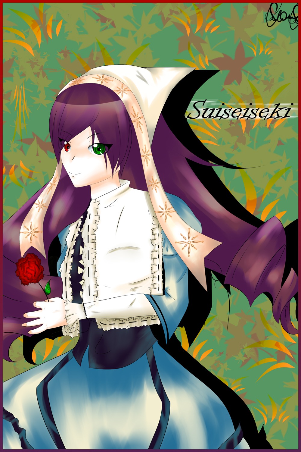 1girl bangs border dress flower green_eyes heterochromia image long_hair long_sleeves looking_at_viewer purple_hair red_eyes red_flower red_rose rose smile solo suiseiseki