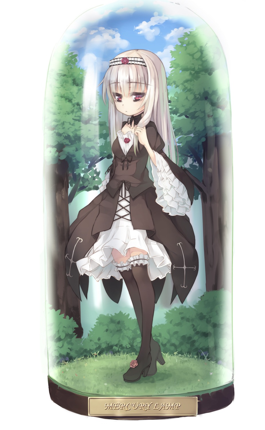 1girl :< asa_(swallowtail) bangs black_dress black_legwear blush boots commentary_request day dress eyebrows_visible_through_hair frills full_body garters gothic_lolita hair_between_eyes hairband highres image lolita_fashion long_hair long_sleeves looking_at_viewer outdoors photoshop_(medium) red_eyes rozen_maiden solo standing suigintou thigh_boots thighhighs tree