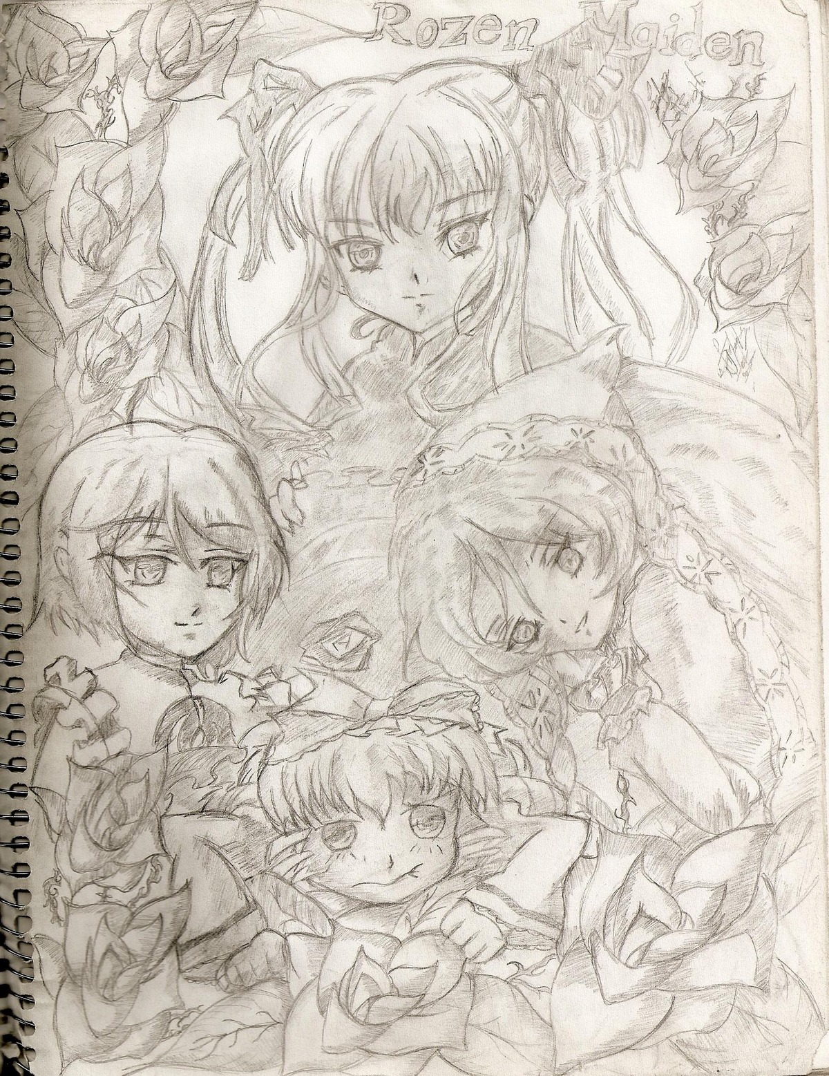 5girls dress flower frills hat hina_ichigo image long_hair looking_at_viewer monochrome multiple multiple_girls rose short_hair sketch smile suigintou suiseiseki tagme twintails