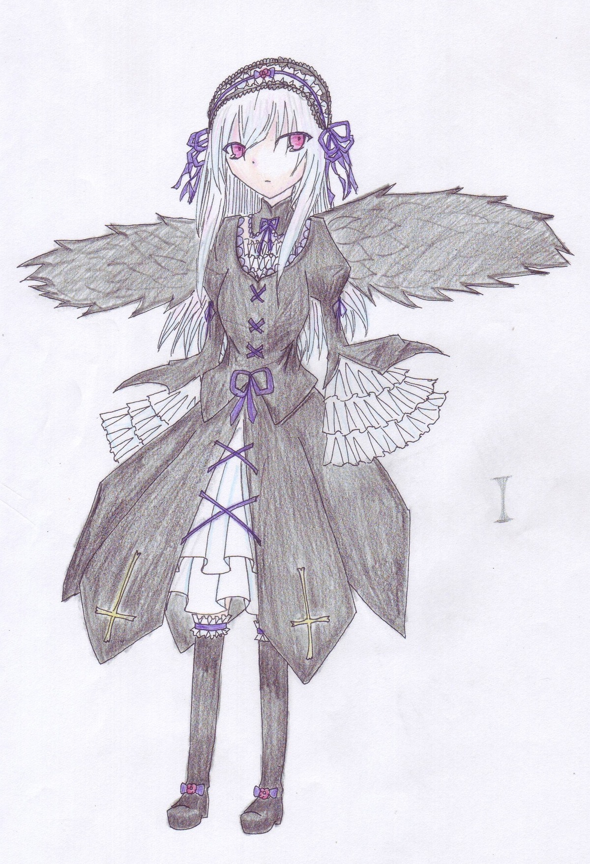 1girl bangs black_wings closed_mouth dress feathered_wings flower frills full_body hairband image long_hair long_sleeves looking_at_viewer ribbon solo standing suigintou wings