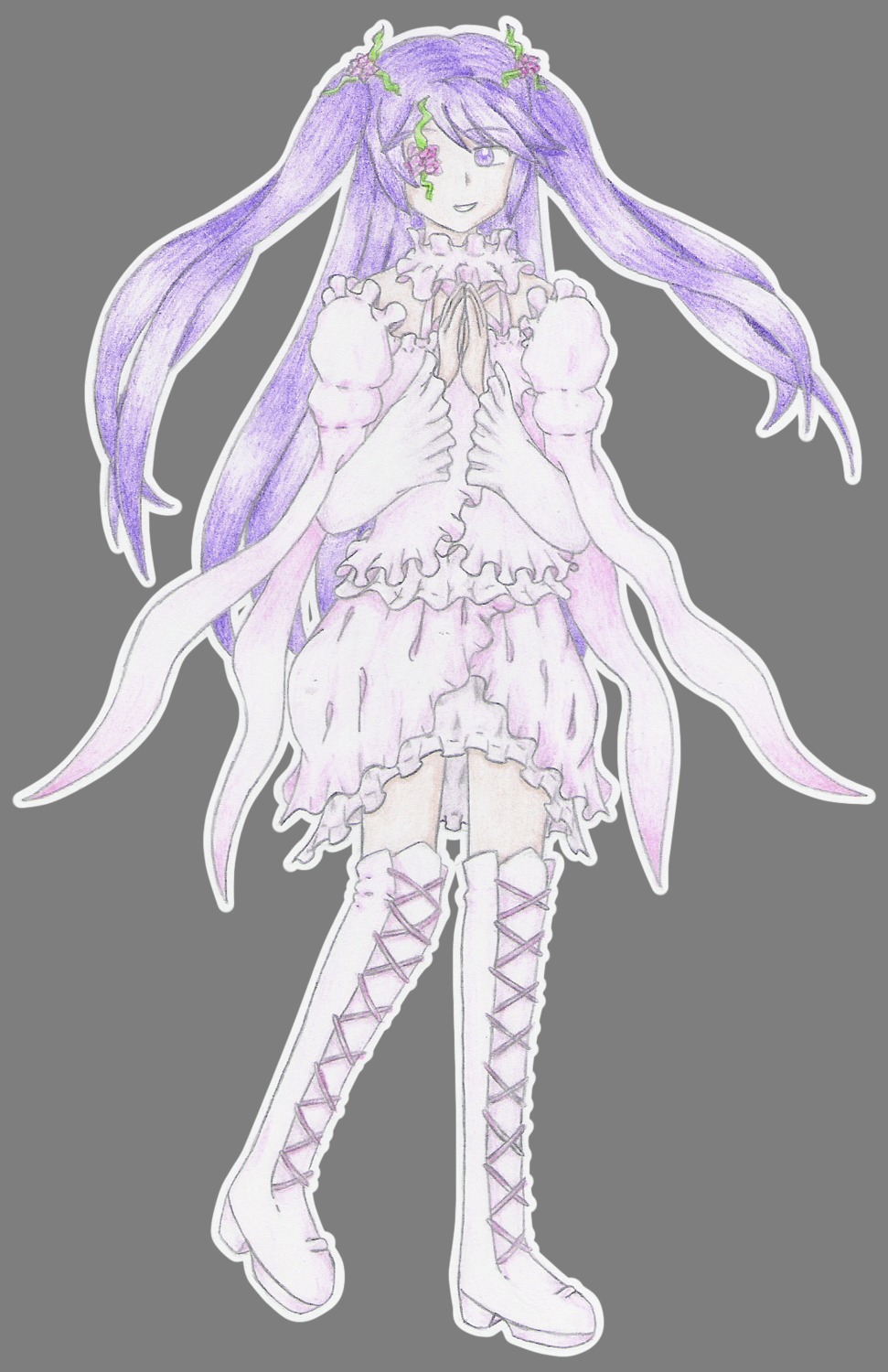 1girl boots cross-laced_footwear dress flower frills full_body hair_flower hair_ornament image kirakishou knee_boots long_hair purple_hair solo standing thigh_boots thighhighs transparent_background twintails very_long_hair white_footwear white_skin