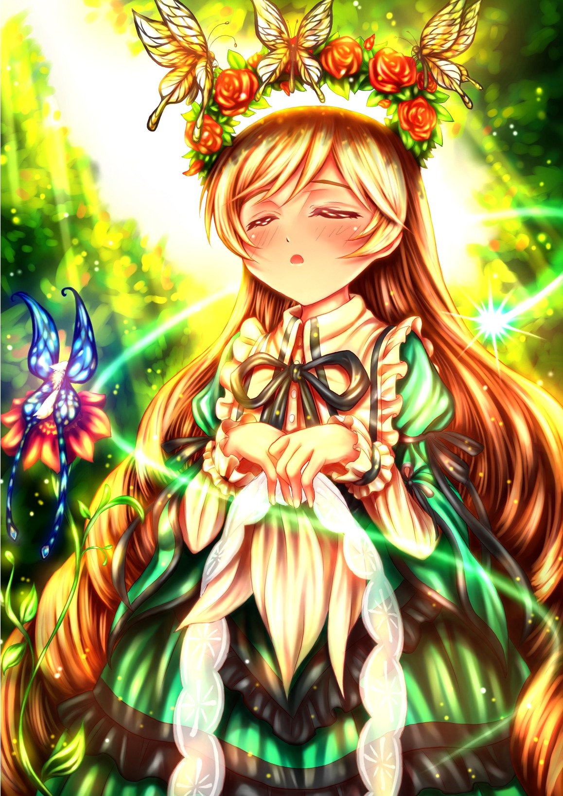 1girl auto_tagged blonde_hair blue_butterfly blush bug butterfly butterfly_hair_ornament closed_eyes dress flower green_dress image insect long_hair long_sleeves red_flower red_rose rose solo suiseiseki very_long_hair