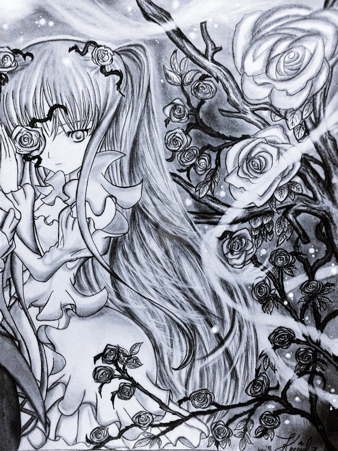 1girl black_rose dress eyepatch flower hair_ornament image kirakishou long_hair monochrome rose solo thorns traditional_media vines white_rose